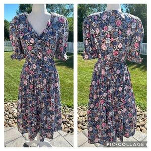 Vintage 90s floral cotton cottagecore puff sleeve button down midi tea dress S M